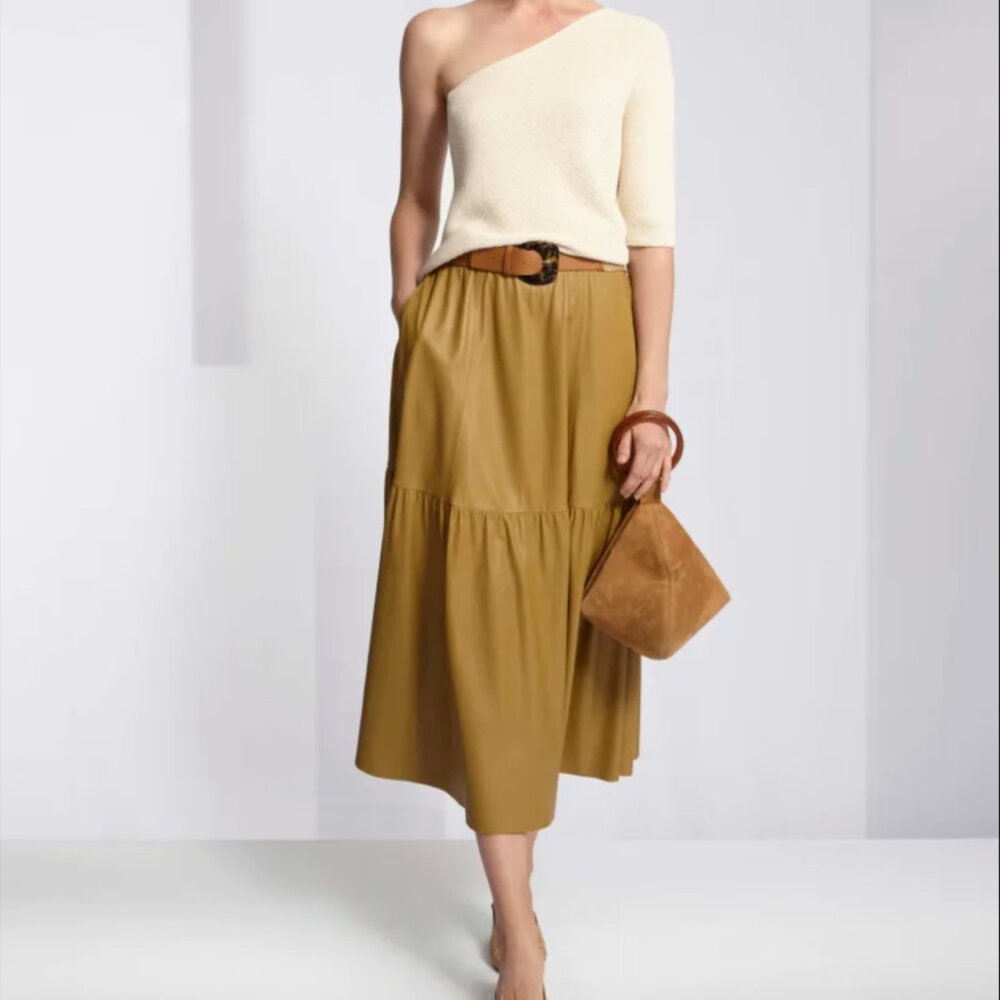NWT Lafayette 148 Leather Midi Skirt in Mustard (Seagrass) - Size 0